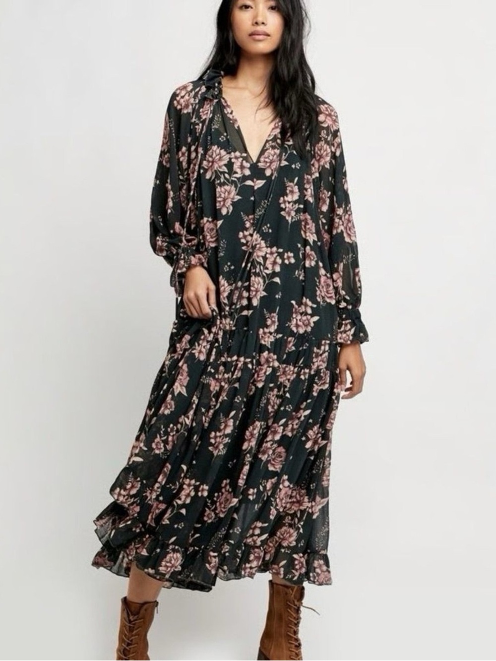 Free people Women’s Black Floral Maxi Dress with Pink Rose Print